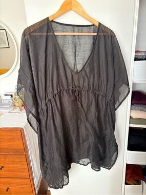 Vintage Sheer Black Chiffon Caftan Tunic — Drawstring Waist, Batwing Sleeves